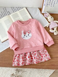 SHEIN 1pc Baby Girls Sweater Dress Cute Sweet Pink Heart Embossed Cat Bow Floral Ruffle Long Sleeve Round Neck Regular Party Fall Holiday A-Line - Pink - View 2
