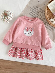 SHEIN 1pc Baby Girls Sweater Dress Cute Sweet Pink Heart Embossed Cat Bow Floral Ruffle Long Sleeve Round Neck Regular Party Fall Holiday A-Line - Pink - View 1