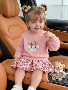 SHEIN 1pc Baby Girls Sweater Dress Cute Sweet Pink Heart Embossed Cat Bow Floral Ruffle Long Sleeve Round Neck Regular Party Fall Holiday A-Line - Pink - View 9