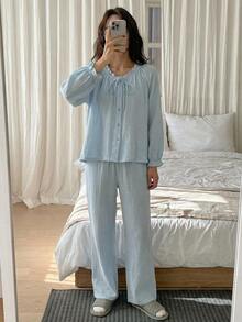 DAZY Soft Blue Cotton Pleated Ruffle Design Loose Women Pajama Set - Baby Blue - View 5