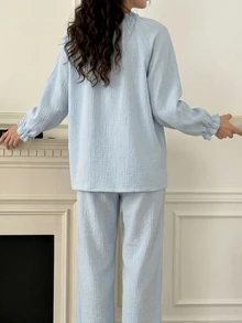 DAZY Soft Blue Cotton Pleated Ruffle Design Loose Women Pajama Set - Baby Blue - View 2