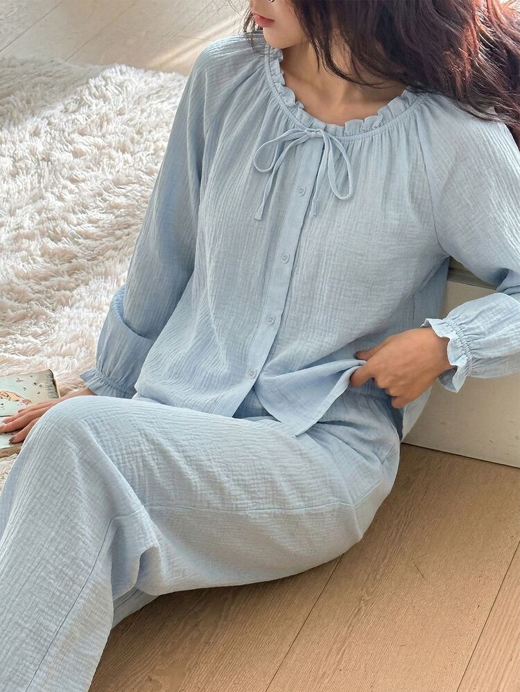 DAZY Soft Blue Cotton Pleated Ruffle Design Loose Women Pajama Set - Baby Blue - View 8