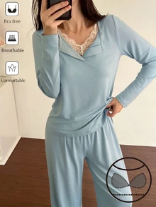 DAZY Women's Lace Patchwork Long Sleeve Top And Pants Casual Daily Home Sleepwear Set - Blue - View 3