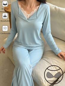 DAZY Women's Lace Patchwork Long Sleeve Top And Pants Casual Daily Home Sleepwear Set - Blue - View 1