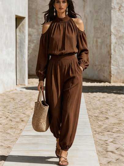 SHEIN Women's Spring/Autumn Brown High Neck Halter Cold Shoulder Top, Loose Puff Long Sleeve Cuffed Casual Pants, Slouchy 2 Pieces Set