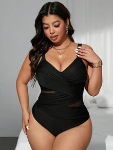 SHEIN Swim Plus Size Women Crisscross Dual Tone Mesh Patchwork Slim Fit One-Piece Swimsuit, Summer Beach Vacation - Black - View 6