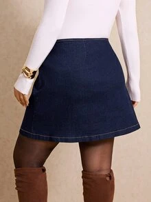 Elaquor Plus Size Women's Casual Versatile Daily Denim Mini Skirt - Blue - View 2