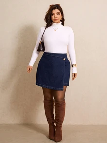 Elaquor Plus Size Women's Casual Versatile Daily Denim Mini Skirt - Blue - View 6