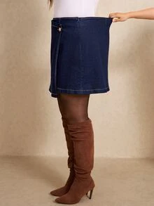 Elaquor Plus Size Women's Casual Versatile Daily Denim Mini Skirt - Blue - View 3