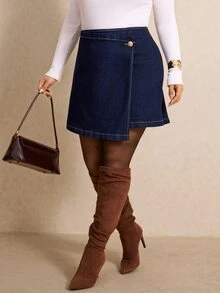 Elaquor Plus Size Women's Casual Versatile Daily Denim Mini Skirt - Blue - View 9