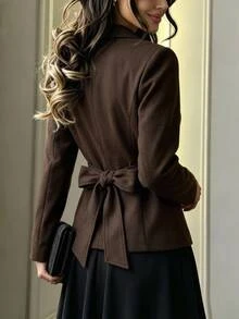Aloruh Women's Solid Color Casual Elegant Versatile Commute Office Business Travel Blazer Dark Brown Fall - Coffee Brown - View 3