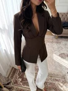 Aloruh Women's Solid Color Casual Elegant Versatile Commute Office Business Travel Blazer Dark Brown Fall - Coffee Brown - View 5