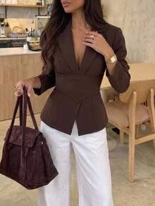 Aloruh Women's Solid Color Casual Elegant Versatile Commute Office Business Travel Blazer Dark Brown Fall - Coffee Brown - View 8