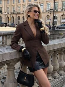 Aloruh Women's Solid Color Casual Elegant Versatile Commute Office Business Travel Blazer Dark Brown Fall - Coffee Brown - View 2