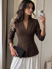 Aloruh Women's Solid Color Casual Elegant Versatile Commute Office Business Travel Blazer Dark Brown Fall - Coffee Brown - View 6