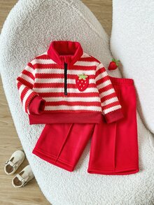 SHEIN 2件組幼兒女嬰毛衣褲套裝，可愛甜美紅色草莓刺繡條紋長袖半拉鍊加厚冬季連身褲，適合秋季與節日穿著，色彩鮮豔 - 紅白色 - 查看 7