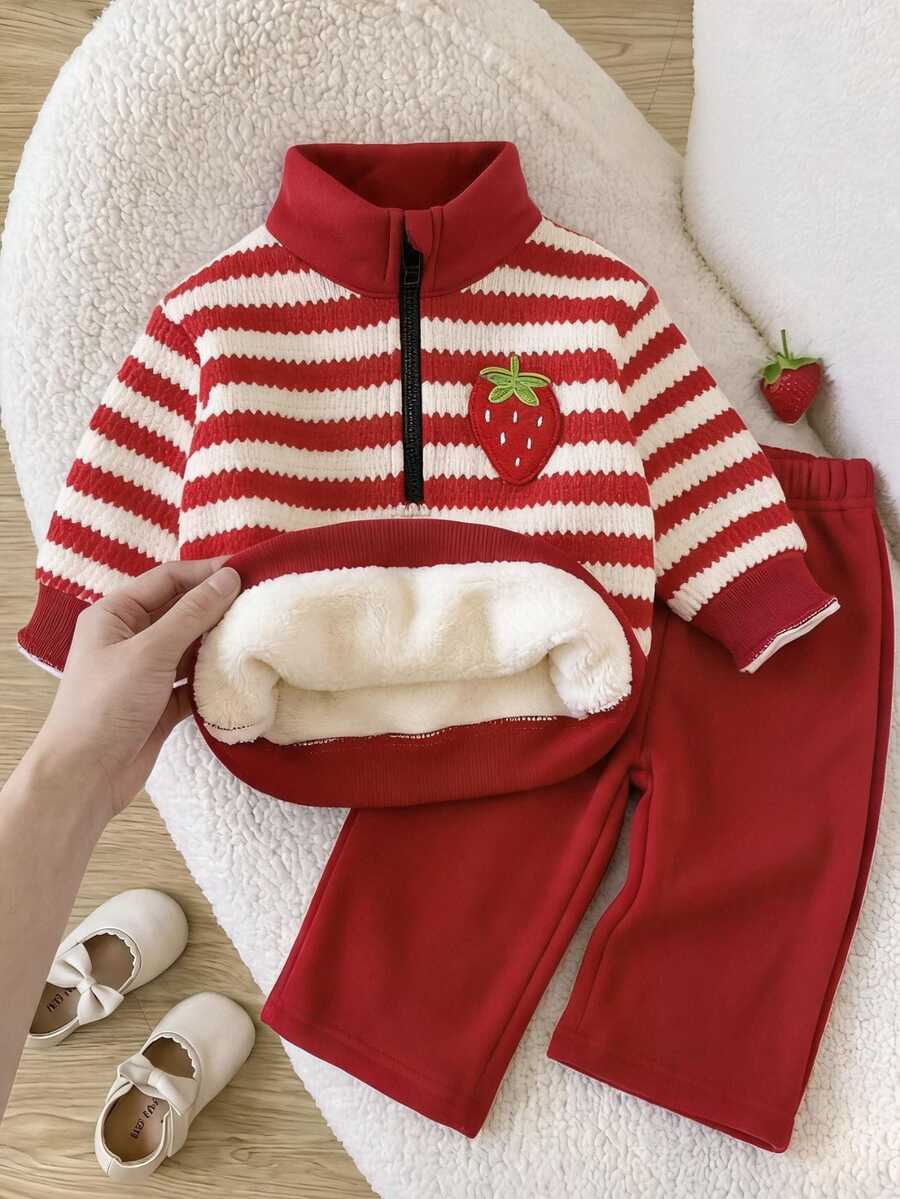 SHEIN 2件組幼兒女嬰毛衣褲套裝,可愛甜美紅色草莓刺繡條紋長袖半拉鍊加厚冬季連身褲,適合秋季與節日穿著,色彩鮮豔 - 紅白色 - 查看 1