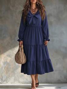 SHEIN LUNE CURVE Đầm ôm dáng xòe gấu tay dài cổ chữ V đính nơ bèo nhún size lớn màu xanh navy thanh lịch cho mùa thu, hẹn hò và tiệc tối - Màu xanh lam - Xem 4