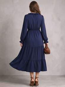 SHEIN LUNE CURVE Đầm ôm dáng xòe gấu tay dài cổ chữ V đính nơ bèo nhún size lớn màu xanh navy thanh lịch cho mùa thu, hẹn hò và tiệc tối - Màu xanh lam - Xem 2