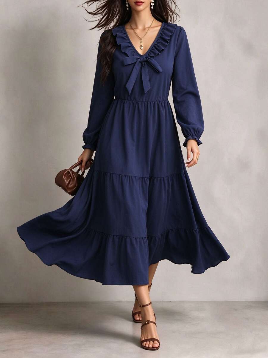 SHEIN LUNE CURVE Đầm ôm dáng xòe gấu tay dài cổ chữ V đính nơ bèo nhún size lớn màu xanh navy thanh lịch cho mùa thu, hẹn hò và tiệc tối - Màu xanh lam - Xem 1
