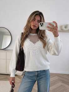 Serisse Women's Mesh Patchwork Applique Casual Romantic Elegant Daily Long Sleeve Sweater Brunch White Fall - White - View 6