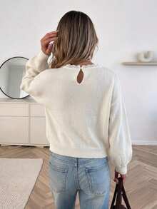 Serisse Women's Mesh Patchwork Applique Casual Romantic Elegant Daily Long Sleeve Sweater Brunch White Fall - White - View 3