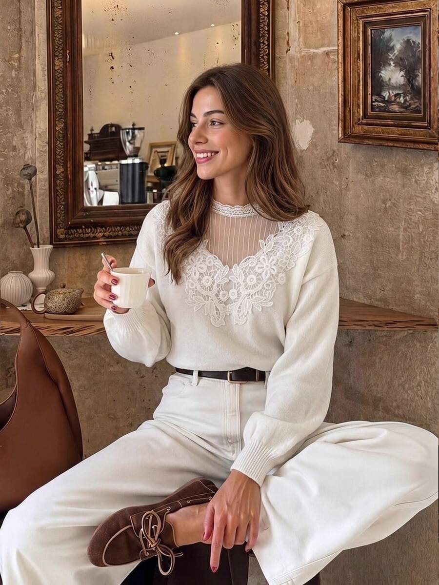 Serisse Women's Mesh Patchwork Applique Casual Romantic Elegant Daily Long Sleeve Sweater Brunch White Fall - White - View 1