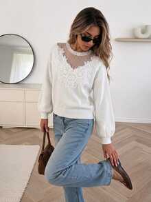 Serisse Women's Mesh Patchwork Applique Casual Romantic Elegant Daily Long Sleeve Sweater Brunch White Fall - White - View 2