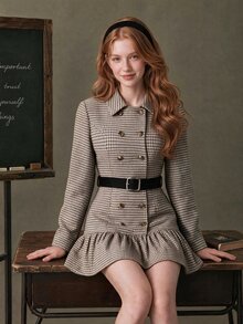 Elnivra Women's Short Dress, Versatile Fashionable College Style Houndstooth Vintage Dress With Double-Breasted Button Design, Long Sleeve - Coffee - View 4