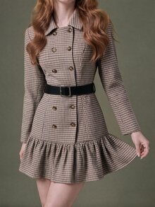 Elnivra Women's Short Dress, Versatile Fashionable College Style Houndstooth Vintage Dress With Double-Breasted Button Design, Long Sleeve - Coffee - View 3