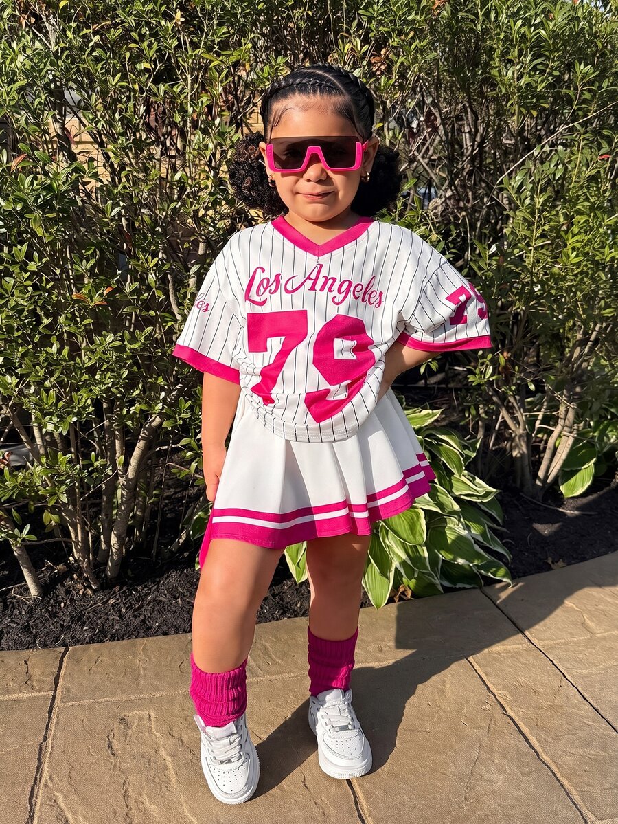 2pcs Young Girls Basketball Jersey Outfit, Numeric Print T-Shirt And Skirt Set, Casual Daily Fashion Versatile Streetwear - White - View 1