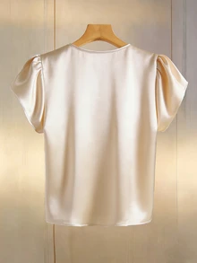 SHEIN Ladies' Elegant Pearl V-Neck Satin Blouse,Cream Small Flutter Short-Sleeved Shirt For Summer Office Commuting,Light Sweet Style Versatile Tops - Champagne - View 3