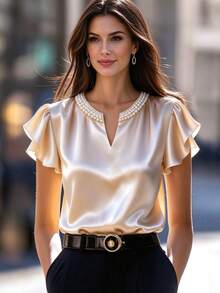 SHEIN Ladies' Elegant Pearl V-Neck Satin Blouse,Cream Small Flutter Short-Sleeved Shirt For Summer Office Commuting,Light Sweet Style Versatile Tops - Champagne - View 2