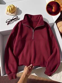SHEIN Tween Girls Fall Clothes Drop Shoulder Long Sleeve Zip-Up Half Placket Basic Modest Casual Baggy Loose Fleece Sweatshirt Outfit School Burgundy Red - Burgundy - View 2