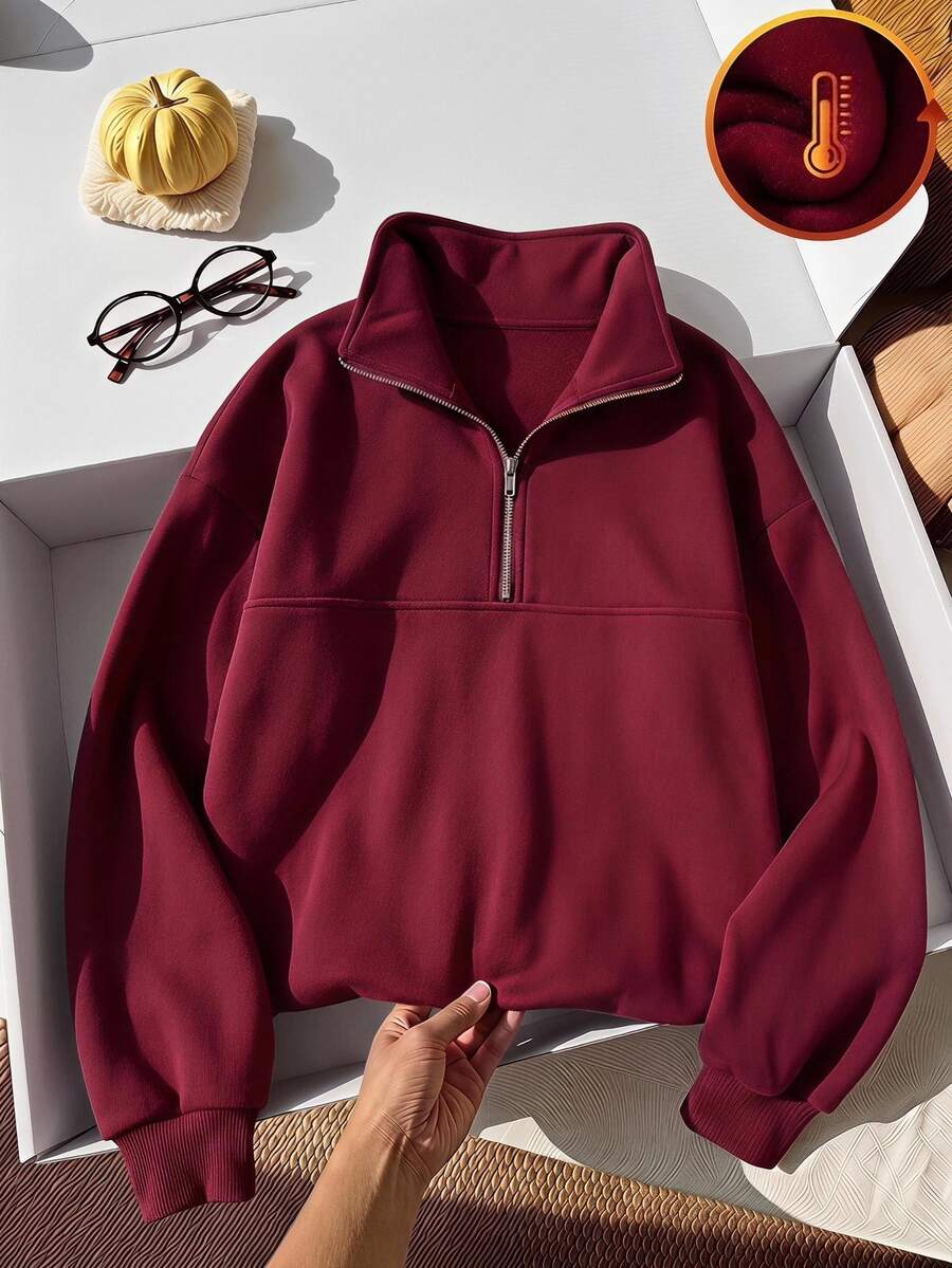 SHEIN Tween Girls Fall Clothes Drop Shoulder Long Sleeve Zip-Up Half Placket Basic Modest Casual Baggy Loose Fleece Sweatshirt Outfit School Burgundy Red