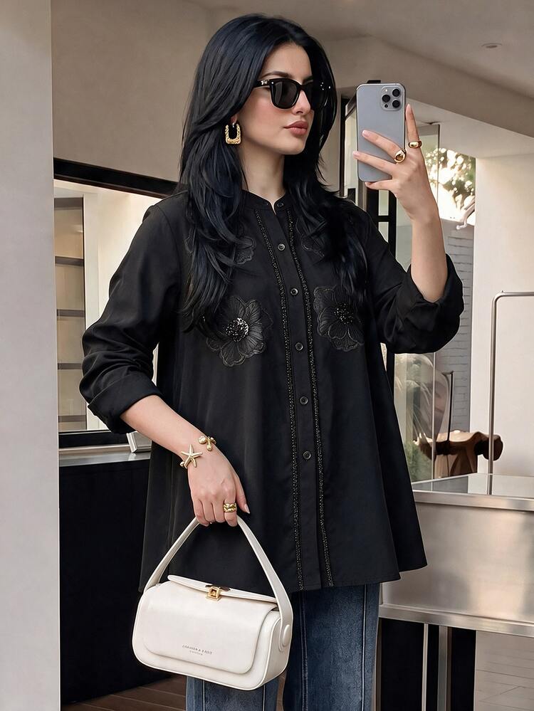 Modelyn Women's Elegant Stand Collar Placket Embellished With Exquisite Beaded Trim, Sleek And Sophisticated, Suitable For Daily Commute And Formal Occasions, Plus Size Long Sleeve Blouse - Black - View 1