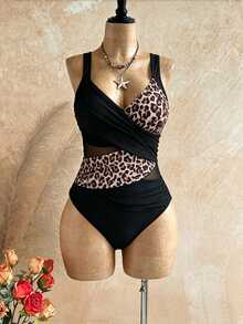 SHEIN Swim Plus Size Women's Cross Black Leopard Print Mesh Patchwork One-Piece Swimsuit, Summer Beach Vacation Party Sexy Elegant Greek Goddess - Multicolor - View 7