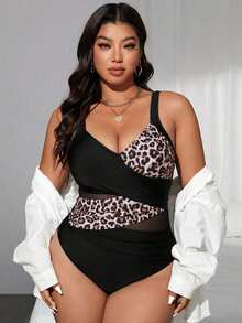 SHEIN Swim Plus Size Women's Cross Black Leopard Print Mesh Patchwork One-Piece Swimsuit, Summer Beach Vacation Party Sexy Elegant Greek Goddess - Multicolor - View 5