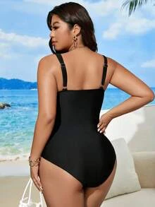 SHEIN Swim Plus Size Women's Cross Black Leopard Print Mesh Patchwork One-Piece Swimsuit, Summer Beach Vacation Party Sexy Elegant Greek Goddess - Multicolor - View 2