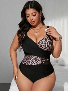 SHEIN Swim Plus Size Women's Cross Black Leopard Print Mesh Patchwork One-Piece Swimsuit, Summer Beach Vacation Party Sexy Elegant Greek Goddess - Multicolor - View 6