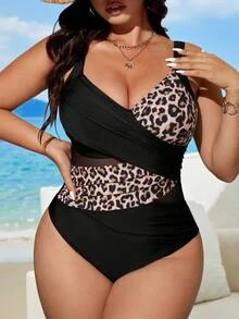 SHEIN Swim Plus Size Women's Cross Black Leopard Print Mesh Patchwork One-Piece Swimsuit, Summer Beach Vacation Party Sexy Elegant Greek Goddess - Multicolor - View 1