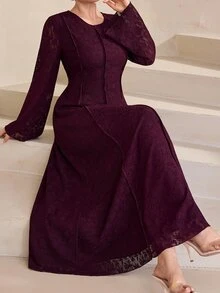 Graceveil Deep Purple Lace Waist-Cinching Round Neck Bell Sleeve Middle Eastern Muslim Arabian Dress - Red Violet - View 8