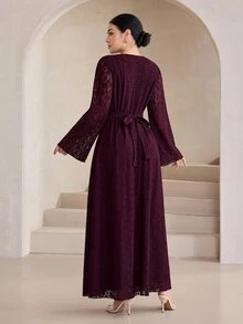 Graceveil Deep Purple Lace Waist-Cinching Round Neck Bell Sleeve Middle Eastern Muslim Arabian Dress - Red Violet - View 2