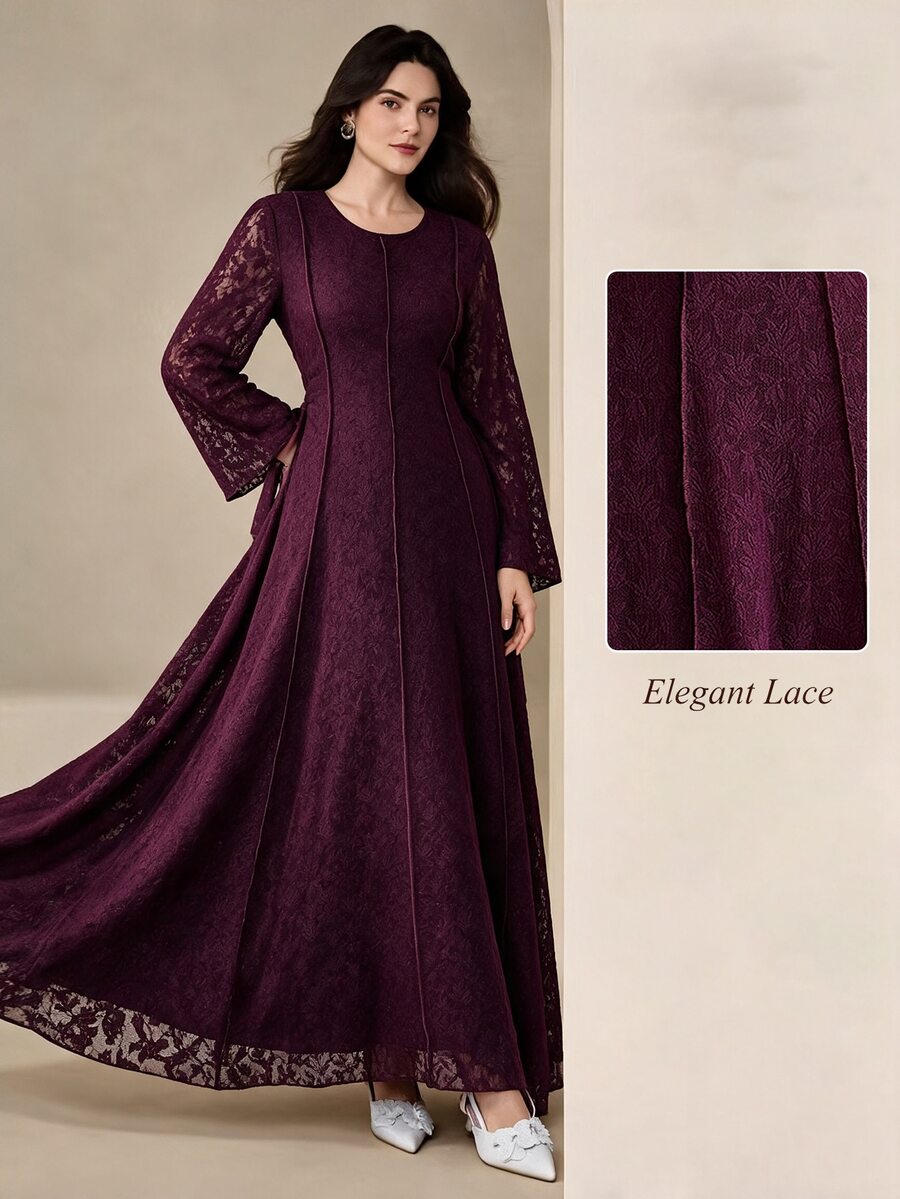 Graceveil Deep Purple Lace Waist-Cinching Round Neck Bell Sleeve Middle Eastern Muslim Arabian Dress - Red Violet - View 1