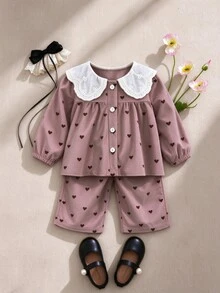 SHEIN 2件組幼兒女嬰襯衫+長褲套裝，可愛甜美粉色愛心印花蕾絲領褶皺長袖彼得潘領派對秋季婚禮賓客禮服燈芯絨 - 粉色 - 查看 4