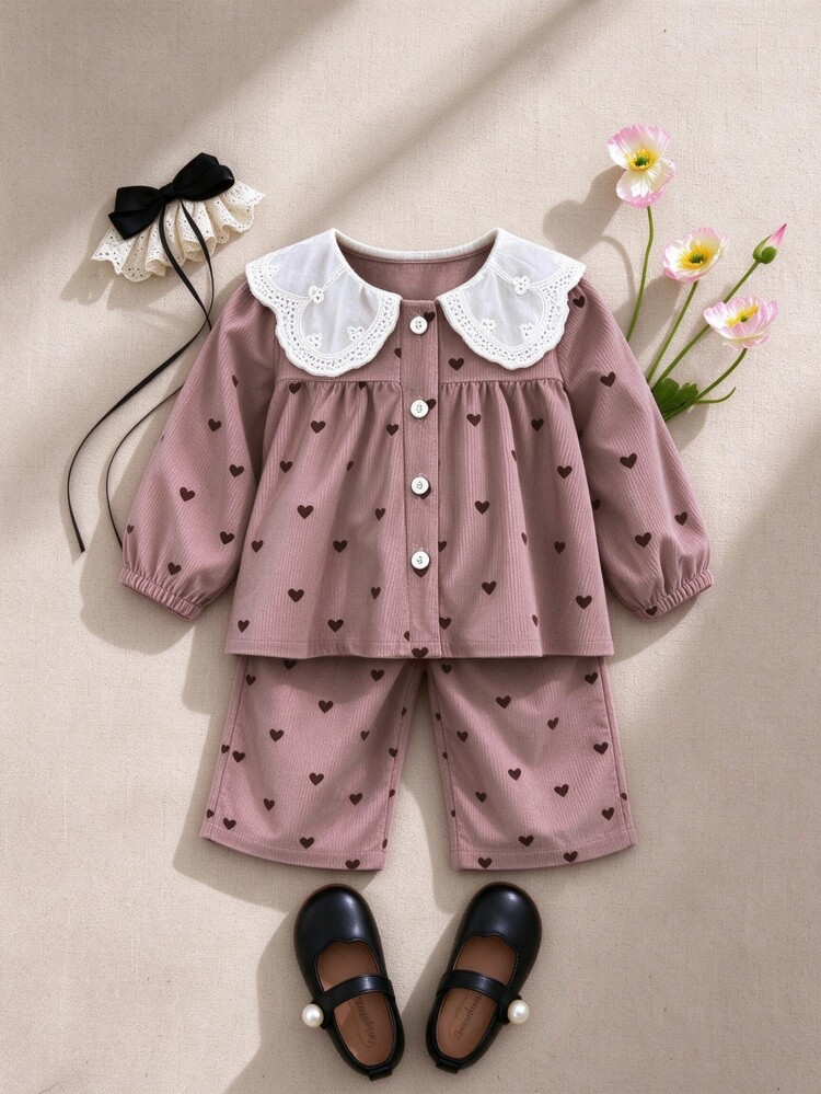 SHEIN Playful Pals 2pcs Toddler Baby Girls Shirt + Pants Cute Sweet Pink Heart Print Lace Collar Pleated Long Sleeve Peter Pan Collar Party Fall Wedding Guest Dress Corduroy - Pink - View 4