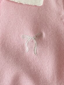 PrepCrw Young Girls' Preppy Style Bow Embroidery Polo Collar Short Sleeve Sweater - Pink - View 4