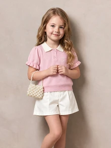 PrepCrw Young Girls' Preppy Style Bow Embroidery Polo Collar Short Sleeve Sweater - Pink - View 1