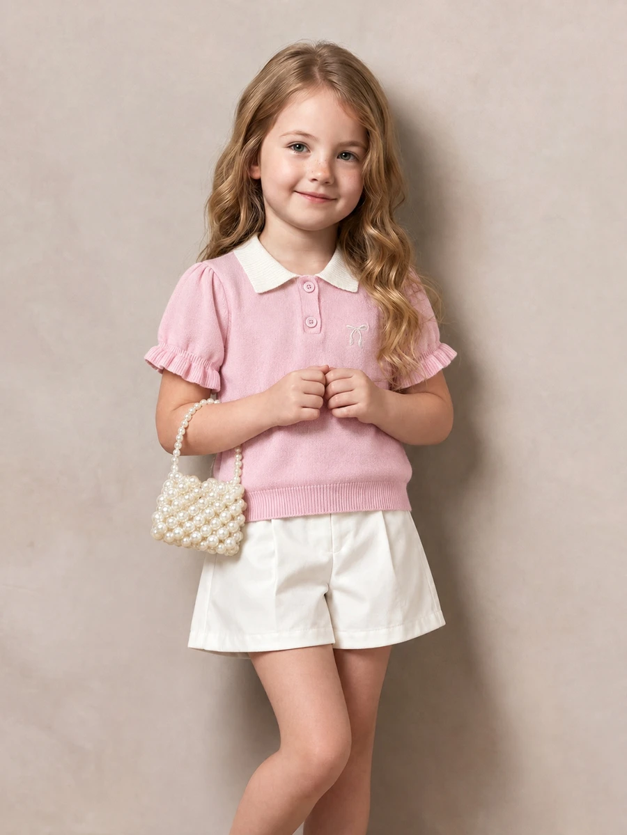 PrepCrw Young Girls' Preppy Style Bow Embroidery Polo Collar Short Sleeve Sweater - Pink - View 1