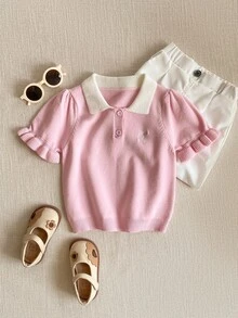 PrepCrw Young Girls' Preppy Style Bow Embroidery Polo Collar Short Sleeve Sweater - Pink - View 2